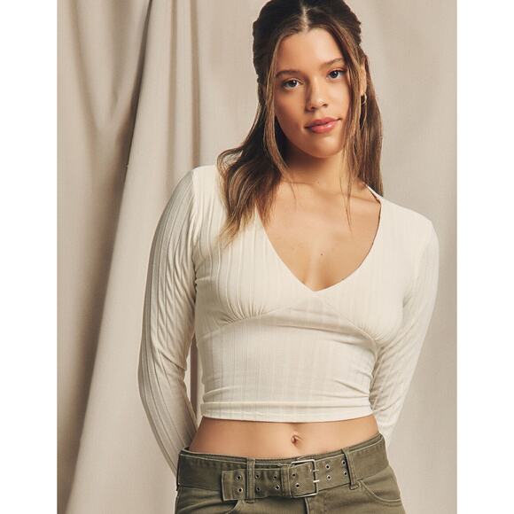 RSQ Womens Top Sz L Cream Open Tie Back Cropped Top Crop Ribbed Long Sleeve - Picture 1 of 10